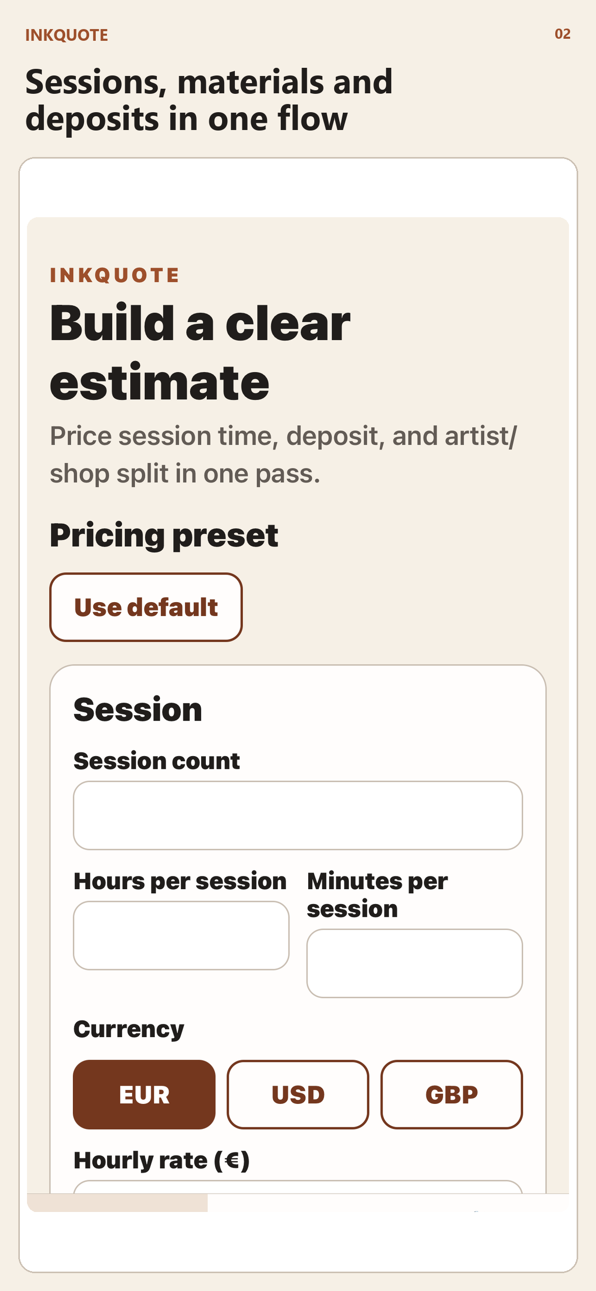InkQuote quote-entry workflow showing session and pricing fields